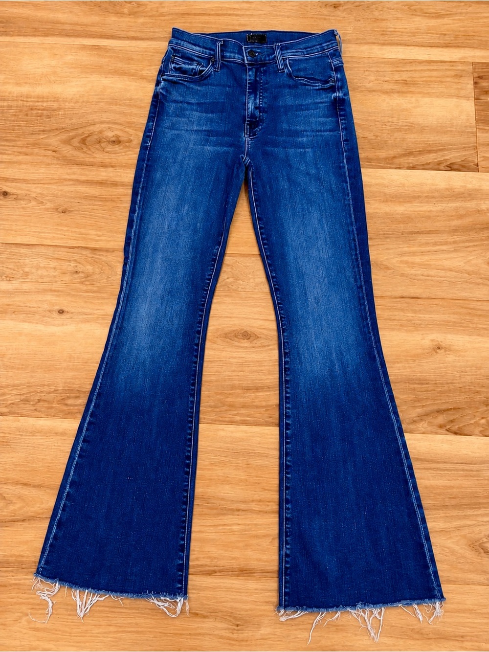 MOTHER Dark Blue Flare Jeans with Raw Hem